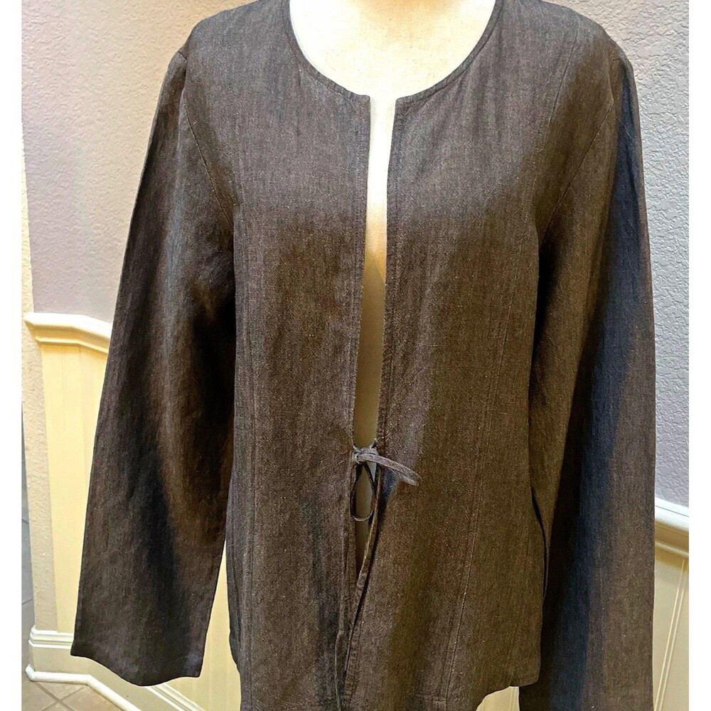 Eileen Fisher Italian Linen Viscose Tie Front Jacket L Lagenlook Quiet Luxury